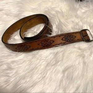 Leather Tooled Belt With Blue Accent, Size 36